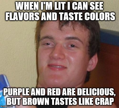 10 Guy Meme | WHEN I'M LIT I CAN SEE FLAVORS AND TASTE COLORS PURPLE AND RED ARE DELICIOUS, BUT BROWN TASTES LIKE CRAP | image tagged in memes,10 guy | made w/ Imgflip meme maker