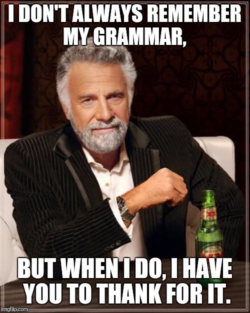 The Most Interesting Man In The World Meme | I DON'T ALWAYS REMEMBER MY GRAMMAR, BUT WHEN I DO, I HAVE YOU TO THANK FOR IT. | image tagged in memes,the most interesting man in the world,teacher,teachers | made w/ Imgflip meme maker