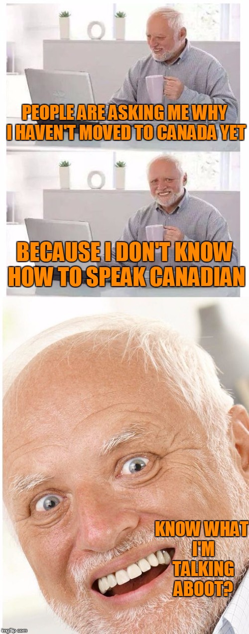 Hide the Canadian Harold | PEOPLE ARE ASKING ME WHY I HAVEN'T MOVED TO CANADA YET; BECAUSE I DON'T KNOW HOW TO SPEAK CANADIAN; KNOW WHAT I'M TALKING ABOOT? | image tagged in hide the pain harold | made w/ Imgflip meme maker