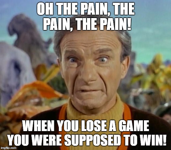 Loss in disgrace | OH THE PAIN, THE PAIN, THE PAIN! WHEN YOU LOSE A GAME YOU WERE SUPPOSED TO WIN! | image tagged in lost in space,football,memes,funny memes,meme | made w/ Imgflip meme maker