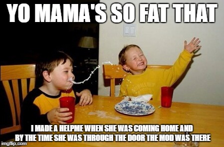 Yo Mamas So Fat Meme | YO MAMA'S SO FAT THAT; I MADE A HELPME WHEN SHE WAS COMING HOME AND BY THE TIME SHE WAS THROUGH THE DOOR THE MOD WAS THERE | image tagged in memes,yo mamas so fat | made w/ Imgflip meme maker