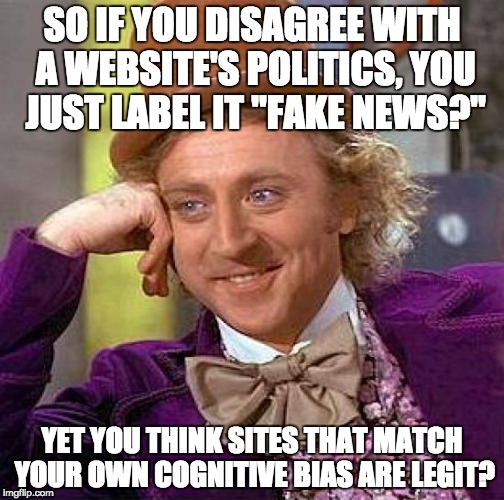 Creepy Condescending Wonka | SO IF YOU DISAGREE WITH A WEBSITE'S POLITICS, YOU JUST LABEL IT "FAKE NEWS?"; YET YOU THINK SITES THAT MATCH YOUR OWN COGNITIVE BIAS ARE LEGIT? | image tagged in memes,creepy condescending wonka | made w/ Imgflip meme maker