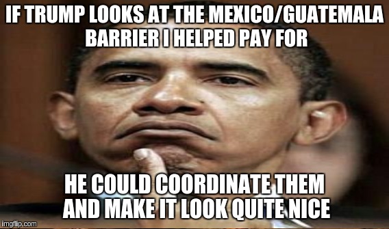 Obama Pondering... | IF TRUMP LOOKS AT THE MEXICO/GUATEMALA BARRIER I HELPED PAY FOR HE COULD COORDINATE THEM AND MAKE IT LOOK QUITE NICE | image tagged in memes | made w/ Imgflip meme maker