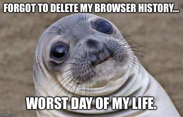 Awkward Moment Sealion Meme | FORGOT TO DELETE MY BROWSER HISTORY... WORST DAY OF MY LIFE. | image tagged in memes,awkward moment sealion | made w/ Imgflip meme maker