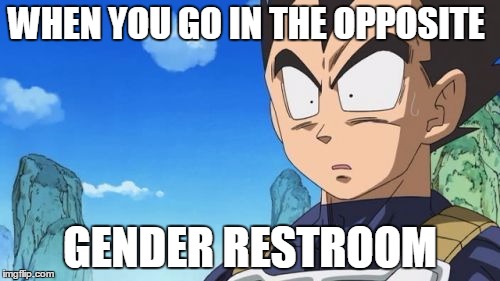 Surprized Vegeta | WHEN YOU GO IN THE OPPOSITE; GENDER RESTROOM | image tagged in memes,surprized vegeta | made w/ Imgflip meme maker
