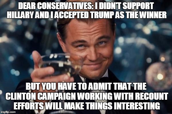 Leonardo Dicaprio Cheers | DEAR CONSERVATIVES: I DIDN'T SUPPORT HILLARY AND I ACCEPTED TRUMP AS THE WINNER; BUT YOU HAVE TO ADMIT THAT THE CLINTON CAMPAIGN WORKING WITH RECOUNT EFFORTS WILL MAKE THINGS INTERESTING | image tagged in memes,leonardo dicaprio cheers | made w/ Imgflip meme maker