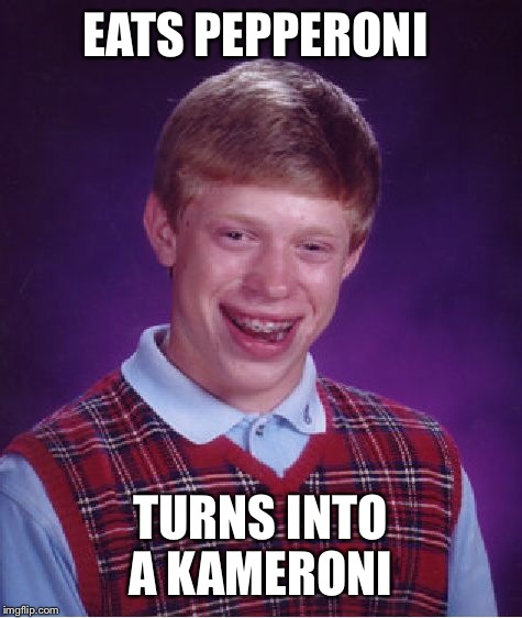 Bad Luck Brian Meme | EATS PEPPERONI TURNS INTO A KAMERONI | image tagged in memes,bad luck brian | made w/ Imgflip meme maker