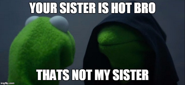 Evil Kermit | YOUR SISTER IS HOT BRO; THATS NOT MY SISTER | image tagged in evil kermit | made w/ Imgflip meme maker