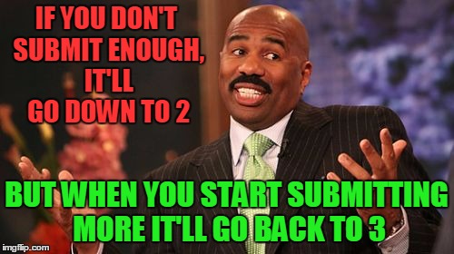 IF YOU DON'T SUBMIT ENOUGH, IT'LL GO DOWN TO 2 BUT WHEN YOU START SUBMITTING MORE IT'LL GO BACK TO 3 | image tagged in memes,steve harvey | made w/ Imgflip meme maker