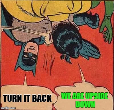 Batman Slapping Robin Meme | TURN IT BACK WE ARE UPSIDE DOWN | image tagged in memes,batman slapping robin | made w/ Imgflip meme maker