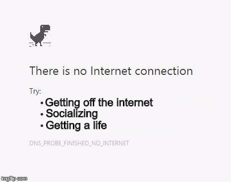 No Internet | Getting off the internet; Socializing; Getting a life | image tagged in no internet | made w/ Imgflip meme maker