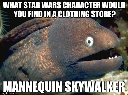 Is that even proper grammar? To use the word "what" instead of the word "which"? |  WHAT STAR WARS CHARACTER WOULD YOU FIND IN A CLOTHING STORE? MANNEQUIN SKYWALKER | image tagged in memes,bad joke eel,star wars,clothing store,mannequin,anakin skywalker | made w/ Imgflip meme maker