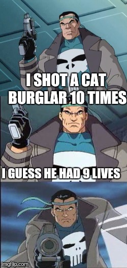 Bad Pun-isher | I SHOT A CAT BURGLAR 10 TIMES; I GUESS HE HAD 9 LIVES | image tagged in bad pun-isher,marvel,marvel comics,punisher,memes | made w/ Imgflip meme maker