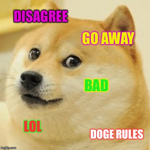 Doge Meme | DISAGREE GO AWAY BAD LOL DOGE RULES | image tagged in memes,doge | made w/ Imgflip meme maker