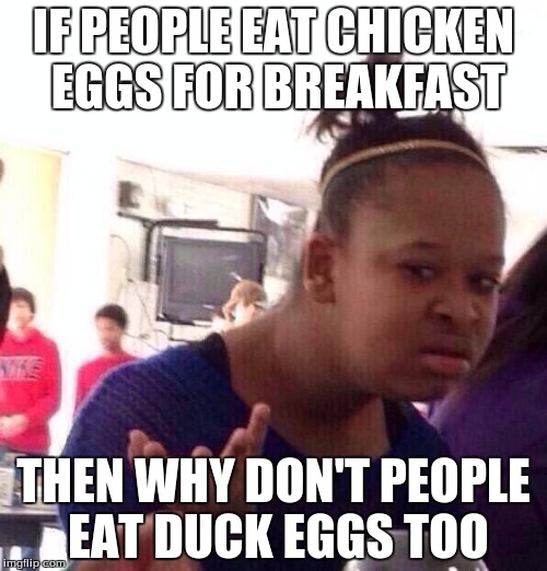 Black Girl Wat Meme | IF PEOPLE EAT CHICKEN EGGS FOR BREAKFAST; THEN WHY DON'T PEOPLE EAT DUCK EGGS TOO | image tagged in memes,black girl wat | made w/ Imgflip meme maker