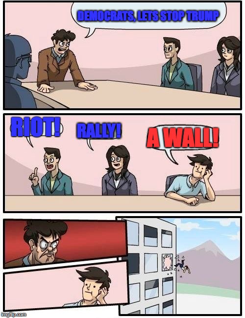 Boardroom Meeting Suggestion Meme | DEMOCRATS, LETS STOP TRUMP; RIOT! RALLY! A WALL! | image tagged in memes,boardroom meeting suggestion | made w/ Imgflip meme maker
