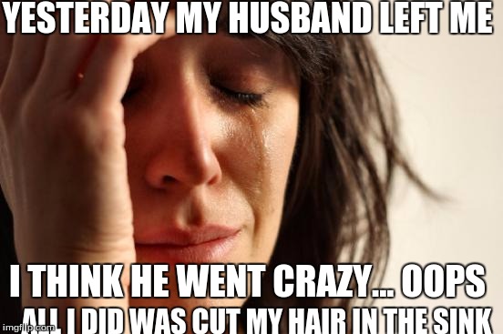 First World Problems | YESTERDAY MY HUSBAND LEFT ME; I THINK HE WENT CRAZY... OOPS; ALL I DID WAS CUT MY HAIR IN THE SINK | image tagged in memes,first world problems | made w/ Imgflip meme maker