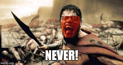 Sparta Leonidas Meme | NEVER! | image tagged in memes,sparta leonidas | made w/ Imgflip meme maker