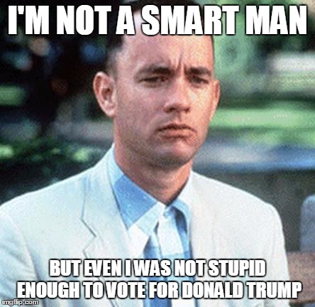 forrest gump | I'M NOT A SMART MAN; BUT EVEN I WAS NOT STUPID ENOUGH TO VOTE FOR DONALD TRUMP | image tagged in forrest gump | made w/ Imgflip meme maker