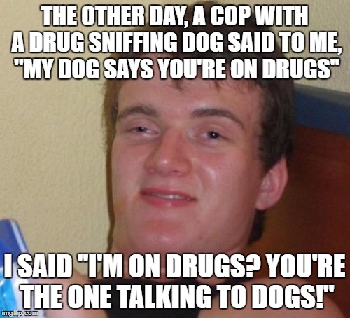 10 Guy Meme | THE OTHER DAY, A COP WITH A DRUG SNIFFING DOG SAID TO ME, "MY DOG SAYS YOU'RE ON DRUGS"; I SAID "I'M ON DRUGS? YOU'RE THE ONE TALKING TO DOGS!" | image tagged in memes,10 guy | made w/ Imgflip meme maker