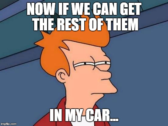 Futurama Fry Meme | NOW IF WE CAN GET THE REST OF THEM IN MY CAR... | image tagged in memes,futurama fry | made w/ Imgflip meme maker