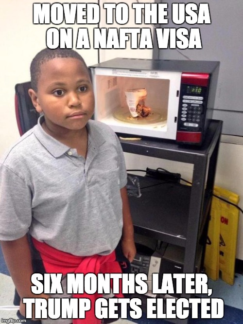 black kid microwave | MOVED TO THE USA ON A NAFTA VISA; SIX MONTHS LATER, TRUMP GETS ELECTED | image tagged in black kid microwave | made w/ Imgflip meme maker