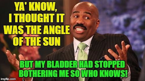 Steve Harvey Meme | YA' KNOW, I THOUGHT IT WAS THE ANGLE OF THE SUN BUT MY BLADDER HAD STOPPED BOTHERING ME SO WHO KNOWS! | image tagged in memes,steve harvey | made w/ Imgflip meme maker