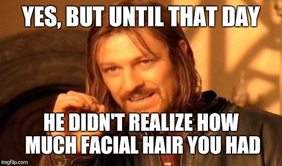 One Does Not Simply Meme | YES, BUT UNTIL THAT DAY HE DIDN'T REALIZE HOW MUCH FACIAL HAIR YOU HAD | image tagged in memes,one does not simply | made w/ Imgflip meme maker