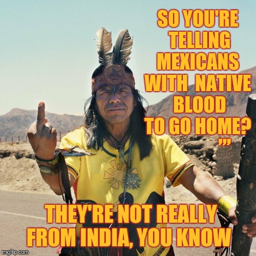 Indian Flips the bird | SO YOU'RE  TELLING MEXICANS WITH  NATIVE  BLOOD TO GO HOME? ,,, THEY'RE NOT REALLY        FROM INDIA, YOU KNOW | image tagged in indian flips the bird | made w/ Imgflip meme maker