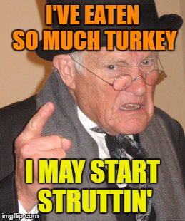 Back In My Day Meme | I'VE EATEN SO MUCH TURKEY; I MAY START STRUTTIN' | image tagged in memes,back in my day | made w/ Imgflip meme maker