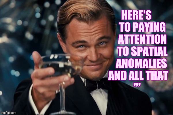 Leonardo Dicaprio Cheers | HERE'S      TO PAYING    ATTENTION    TO SPATIAL   ANOMALIES AND ALL THAT; ,,, | image tagged in memes,leonardo dicaprio cheers | made w/ Imgflip meme maker
