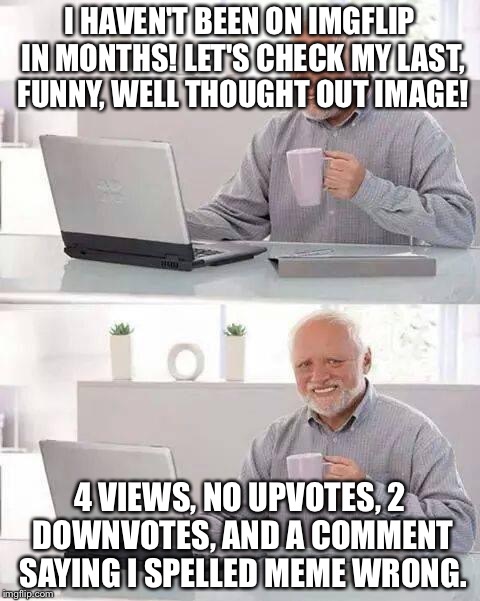 The flip all the time for some people. I feel bad for 'em... | I HAVEN'T BEEN ON IMGFLIP IN MONTHS! LET'S CHECK MY LAST, FUNNY, WELL THOUGHT OUT IMAGE! 4 VIEWS, NO UPVOTES, 2 DOWNVOTES, AND A COMMENT SAYING I SPELLED MEME WRONG. | image tagged in memes,hide the pain harold | made w/ Imgflip meme maker