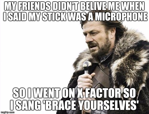 Brace Yourselves X is Coming Meme | MY FRIENDS DIDN'T BELIVE ME WHEN I SAID MY STICK WAS A MICROPHONE; SO I WENT ON X FACTOR SO I SANG 'BRACE YOURSELVES' | image tagged in memes,brace yourselves x is coming | made w/ Imgflip meme maker