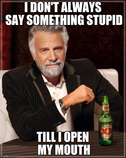 The Most Interesting Man In The World Meme | I DON'T ALWAYS SAY SOMETHING STUPID TILL I OPEN MY MOUTH | image tagged in memes,the most interesting man in the world | made w/ Imgflip meme maker
