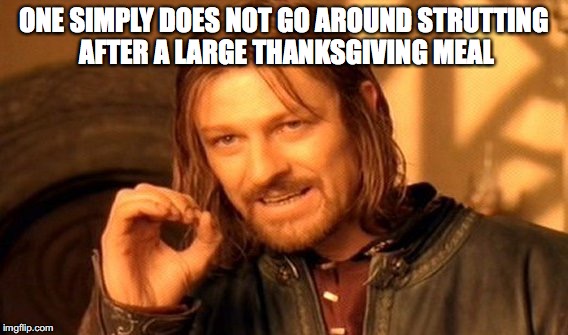 One Does Not Simply Meme | ONE SIMPLY DOES NOT GO AROUND STRUTTING AFTER A LARGE THANKSGIVING MEAL | image tagged in memes,one does not simply | made w/ Imgflip meme maker