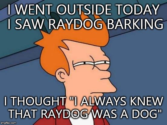 Futurama Fry Meme | I WENT OUTSIDE TODAY I SAW RAYDOG BARKING; I THOUGHT "I ALWAYS KNEW THAT RAYDOG WAS A DOG" | image tagged in memes,futurama fry | made w/ Imgflip meme maker