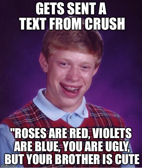 Bad Luck Brian | GETS SENT A TEXT FROM CRUSH; "ROSES ARE RED, VIOLETS ARE BLUE, YOU ARE UGLY, BUT YOUR BROTHER IS CUTE | image tagged in memes,bad luck brian | made w/ Imgflip meme maker