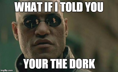 Matrix Morpheus Meme | WHAT IF I TOLD YOU YOUR THE DORK | image tagged in memes,matrix morpheus | made w/ Imgflip meme maker