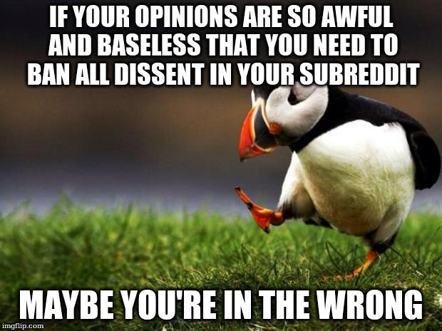 Unpopular Opinion Puffin Meme | IF YOUR OPINIONS ARE SO AWFUL AND BASELESS THAT YOU NEED TO BAN ALL DISSENT IN YOUR SUBREDDIT; MAYBE YOU'RE IN THE WRONG | image tagged in memes,unpopular opinion puffin | made w/ Imgflip meme maker