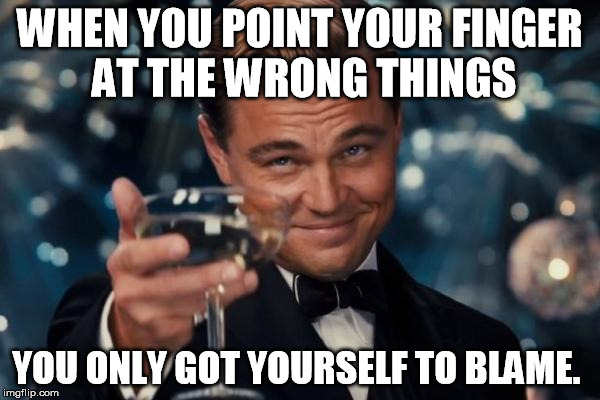 Leonardo Dicaprio Cheers Meme | WHEN YOU POINT YOUR FINGER AT THE WRONG THINGS; YOU ONLY GOT YOURSELF TO BLAME. | image tagged in memes,leonardo dicaprio cheers | made w/ Imgflip meme maker