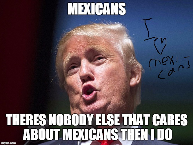 donald trump huge | MEXICANS; THERES NOBODY ELSE THAT CARES ABOUT MEXICANS THEN I DO | image tagged in donald trump huge | made w/ Imgflip meme maker