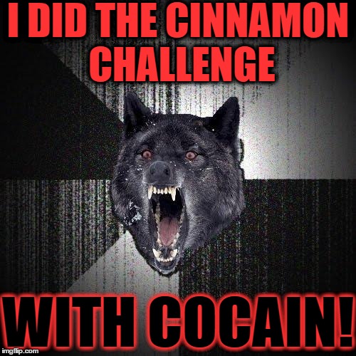 Insanity Wolf Meme | I DID THE CINNAMON CHALLENGE; WITH COCAIN! | image tagged in memes,insanity wolf | made w/ Imgflip meme maker