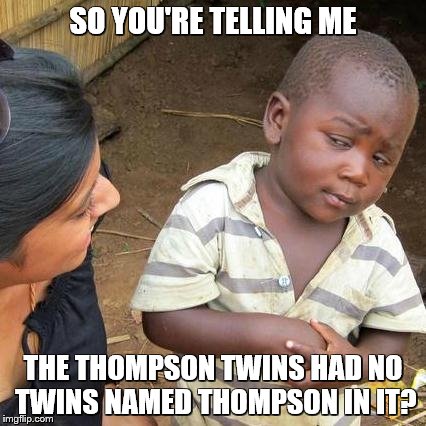 Third World Skeptical Kid Meme | SO YOU'RE TELLING ME THE THOMPSON TWINS HAD NO TWINS NAMED THOMPSON IN IT? | image tagged in memes,third world skeptical kid | made w/ Imgflip meme maker