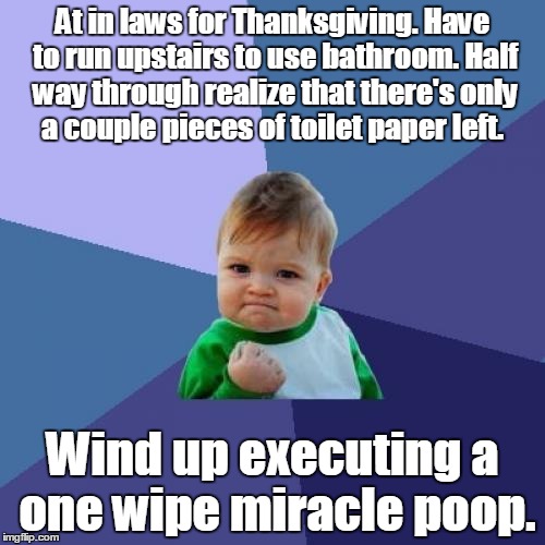 Success Kid Meme | At in laws for Thanksgiving. Have to run upstairs to use bathroom. Half way through realize that there's only a couple pieces of toilet paper left. Wind up executing a one wipe miracle poop. | image tagged in memes,success kid | made w/ Imgflip meme maker