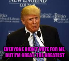 The Donald crying | EVERYONE DIDN'T VOTE FOR ME, BUT I'M GREAT, THE GREATEST | image tagged in donald trump | made w/ Imgflip meme maker