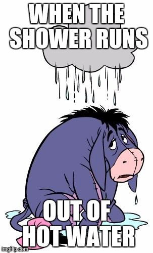 Eeyore | WHEN THE SHOWER RUNS; OUT OF HOT WATER | image tagged in eeyore | made w/ Imgflip meme maker