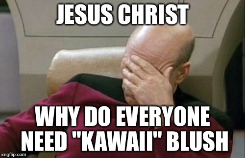 Captain Picard Facepalm Meme | JESUS CHRIST WHY DO EVERYONE NEED "KAWAII" BLUSH | image tagged in memes,captain picard facepalm,facepalm,kawaii,blush | made w/ Imgflip meme maker