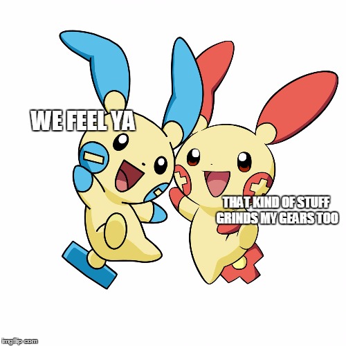 Minun and Plusle | WE FEEL YA THAT KIND OF STUFF GRINDS MY GEARS TOO | image tagged in minun and plusle | made w/ Imgflip meme maker