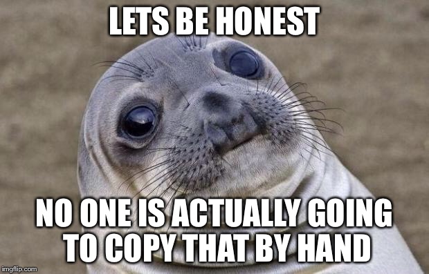 Awkward Moment Sealion Meme | LETS BE HONEST NO ONE IS ACTUALLY GOING TO COPY THAT BY HAND | image tagged in memes,awkward moment sealion | made w/ Imgflip meme maker
