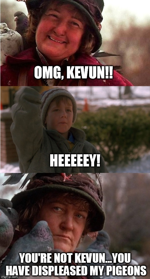 That neighbour kid ruins everything... | OMG, KEVUN!! HEEEEEY! YOU'RE NOT KEVUN...YOU HAVE DISPLEASED MY PIGEONS | image tagged in imposter | made w/ Imgflip meme maker